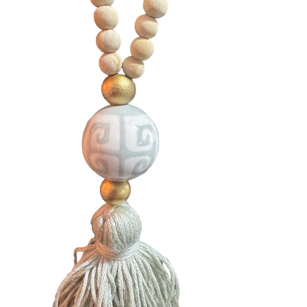 Wood Bead & Tassel Necklace Bracelet Set With Ceramic Accent - Picture 4 of 4